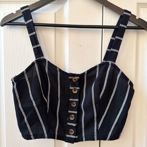 DO+BE Striped Linen-Cotton Button-Front Crop Tank (Black & White)